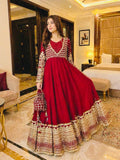 Red Sequin Embroidered Anarkali Gown with Dupatta – Designer Party Wear