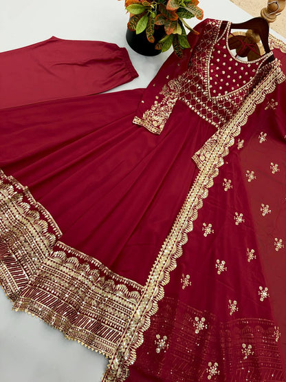 Red Sequin Embroidered Anarkali Gown with Dupatta – Designer Party Wear
