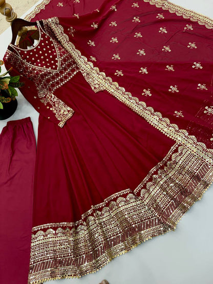 Red Sequin Embroidered Anarkali Gown with Dupatta – Designer Party Wear