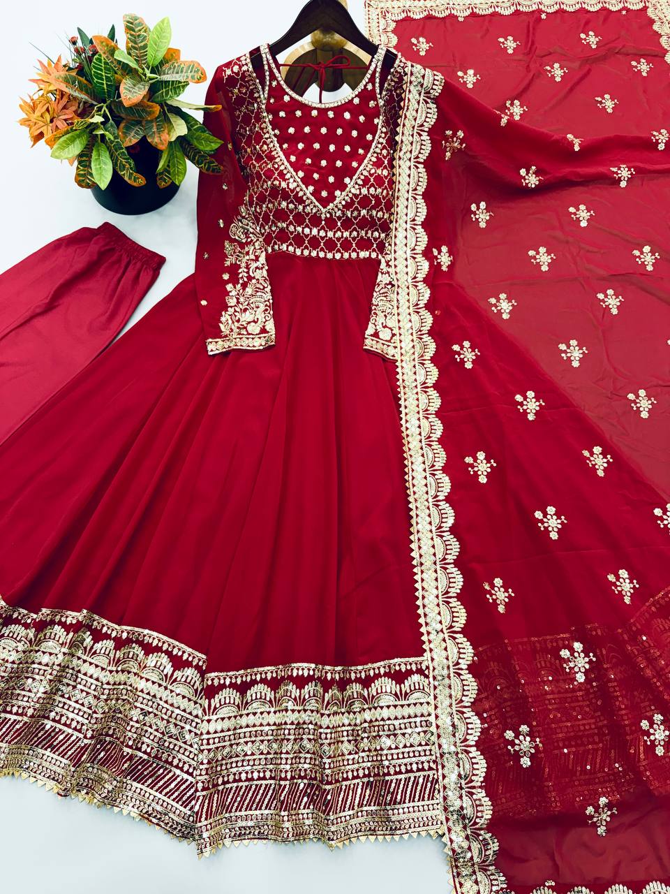 Red Sequin Embroidered Anarkali Gown with Dupatta – Designer Party Wear