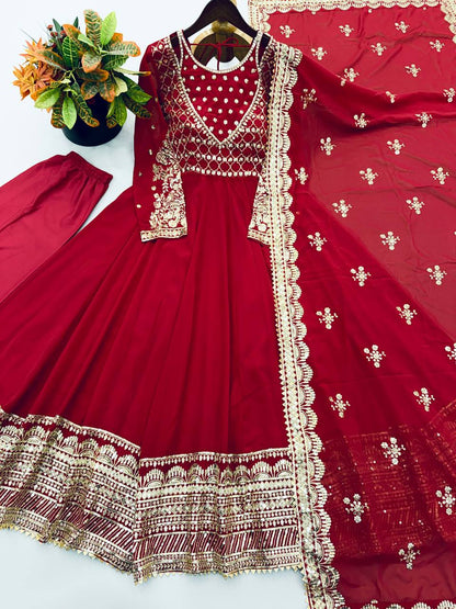 Red Sequin Embroidered Anarkali Gown with Dupatta – Designer Party Wear
