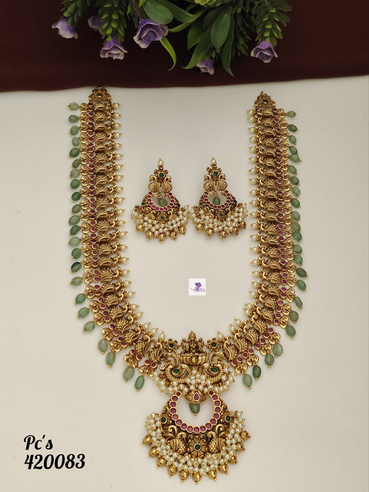 Antique Temple Haram Necklace Set with Lakshmi Pendant & Peacock Motifs