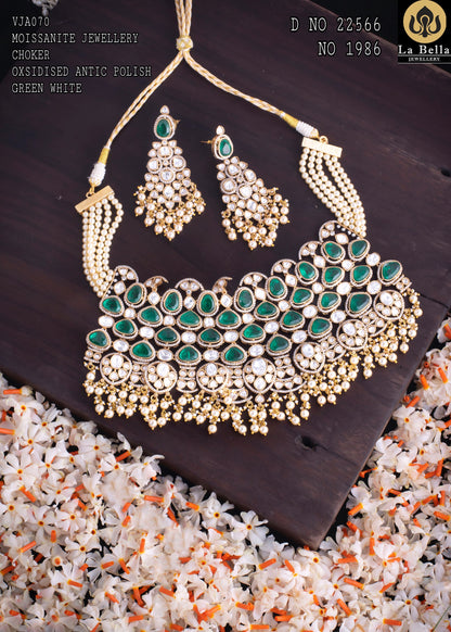 Moissanite Kundan Choker Necklace Set with Jhumka Earrings