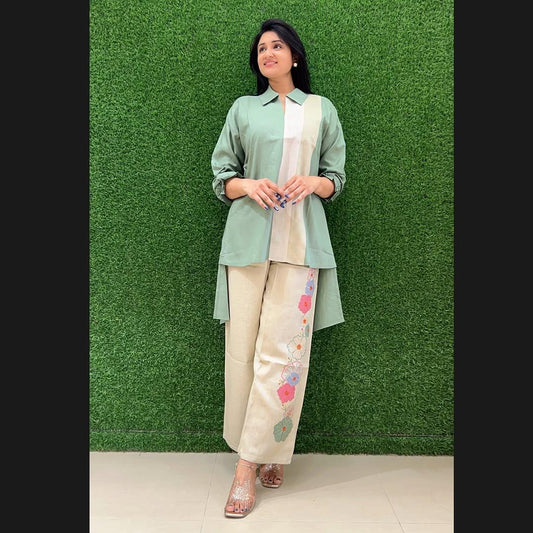 Sage Blossom Co-ord Set | Premium Cotton Kurti & Palazzo with Floral Embroidery