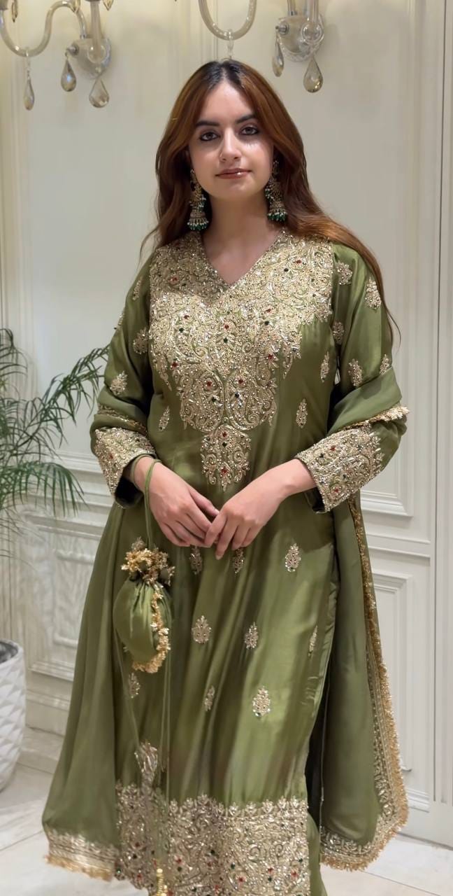 Olive Green Roman Silk Embroidered Suit Set | Top, Pant & Dupatta