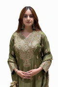 Olive Green Roman Silk Embroidered Suit Set | Top, Pant & Dupatta