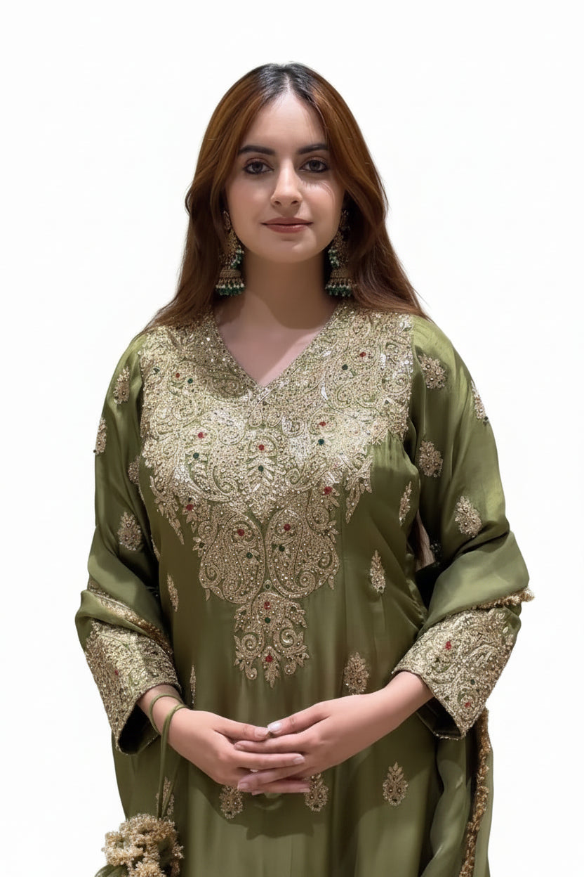 Olive Green Roman Silk Embroidered Suit Set | Top, Pant & Dupatta
