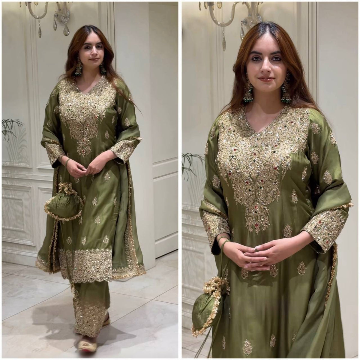 Olive Green Roman Silk Embroidered Suit Set | Top, Pant & Dupatta