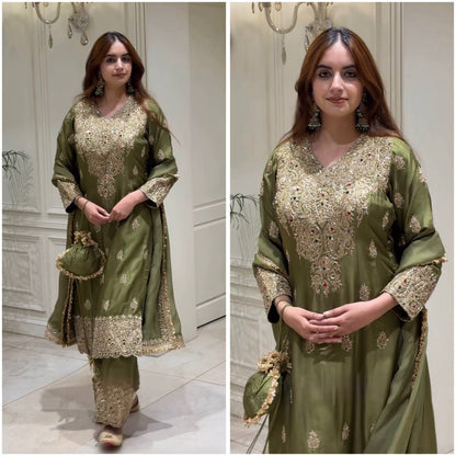 Olive Green Roman Silk Embroidered Suit Set | Top, Pant & Dupatta