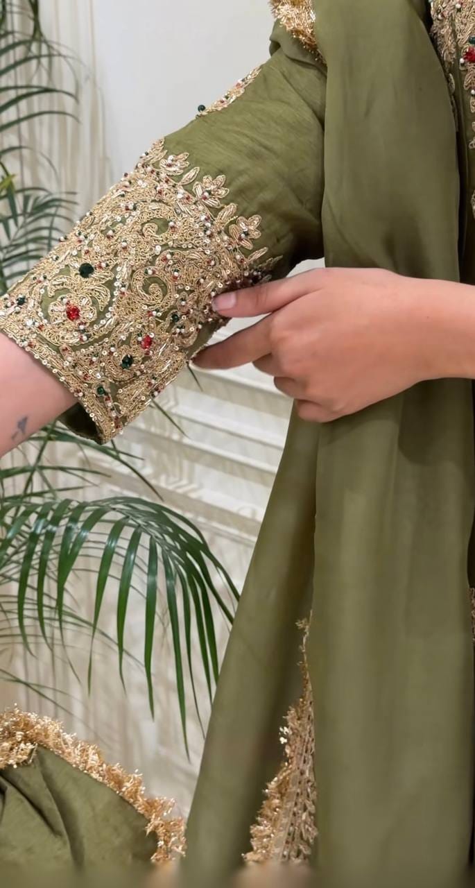 Olive Green Roman Silk Embroidered Suit Set | Top, Pant & Dupatta