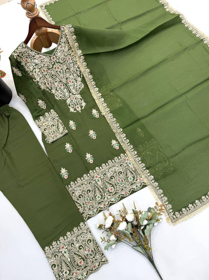 Olive Green Roman Silk Embroidered Suit Set | Top, Pant & Dupatta