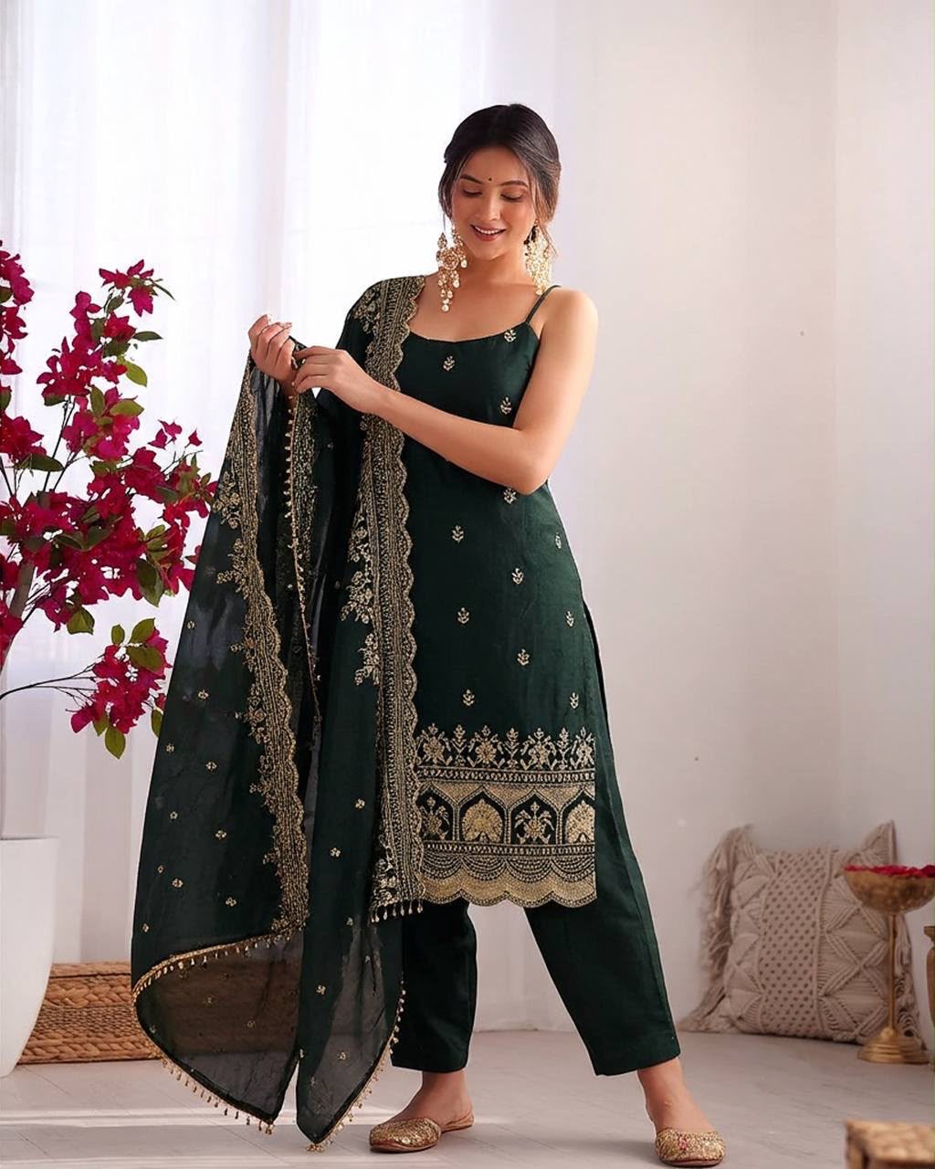 Bottle Green Silk Co-ord Suit Set with Sequence Embroidery