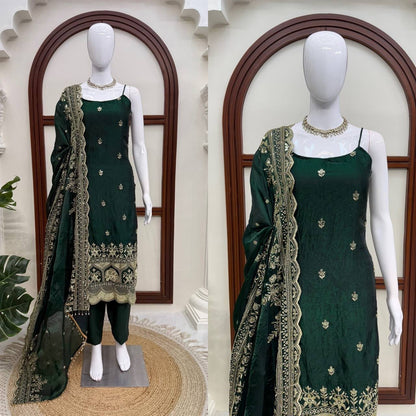 Bottle Green Silk Co-ord Suit Set with Sequence Embroidery