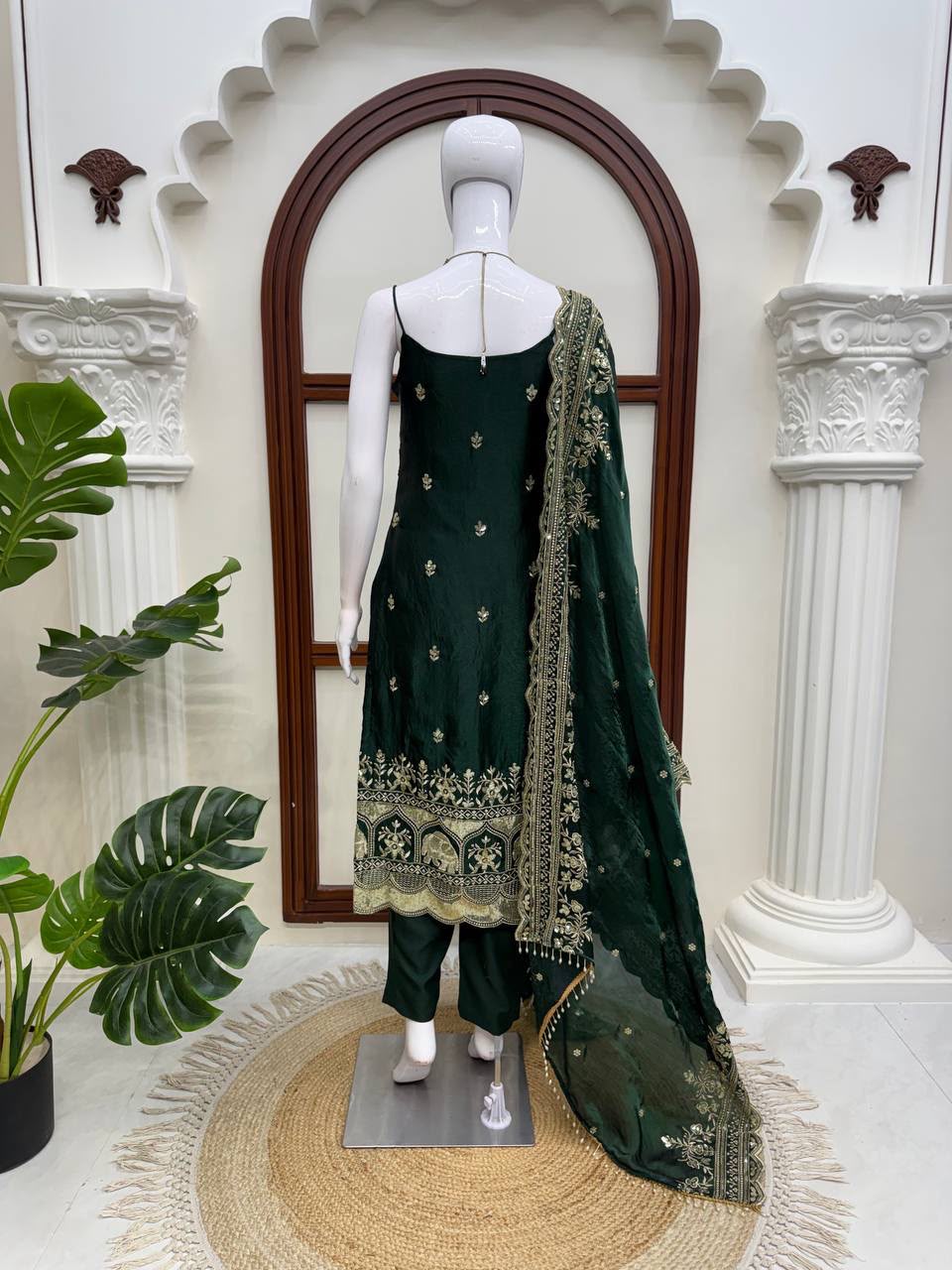 Bottle Green Silk Co-ord Suit Set with Sequence Embroidery