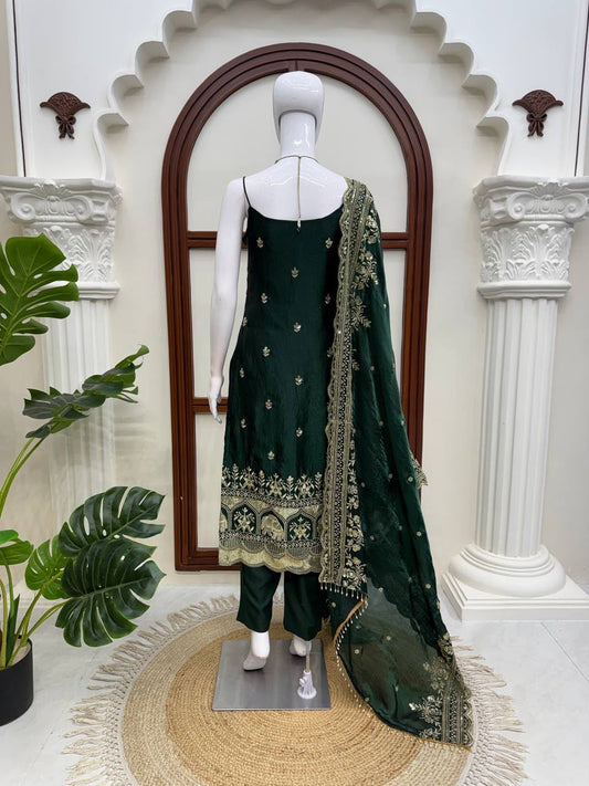 Bottle Green Silk Co-ord Suit Set with Sequence Embroidery