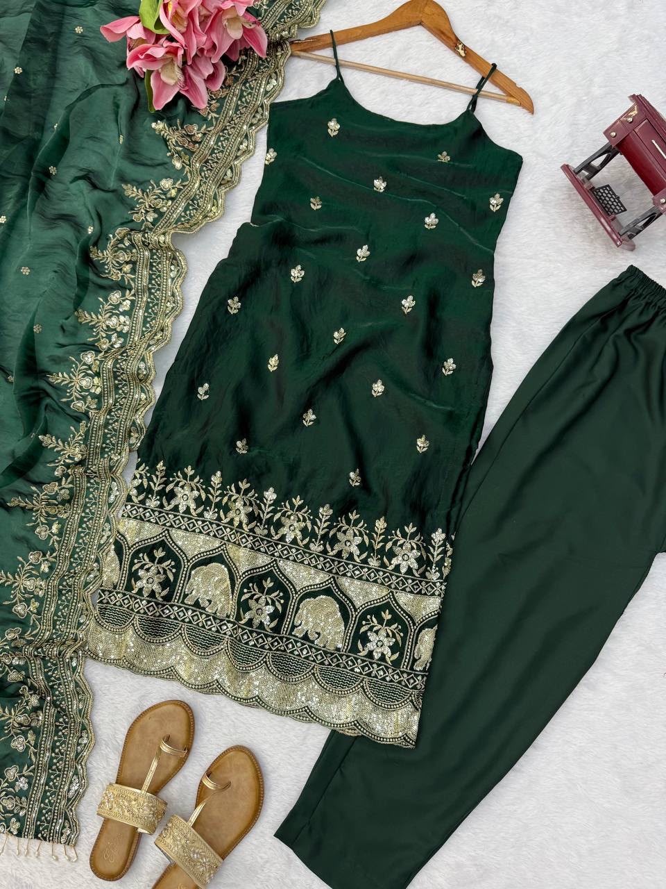 Bottle Green Silk Co-ord Suit Set with Sequence Embroidery