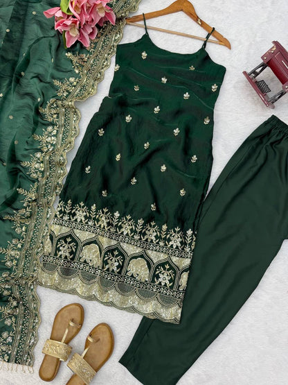 Bottle Green Silk Co-ord Suit Set with Sequence Embroidery