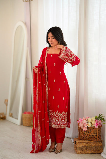 Red Faux Georgette Suit Set with Heavy Sequin Embroidery