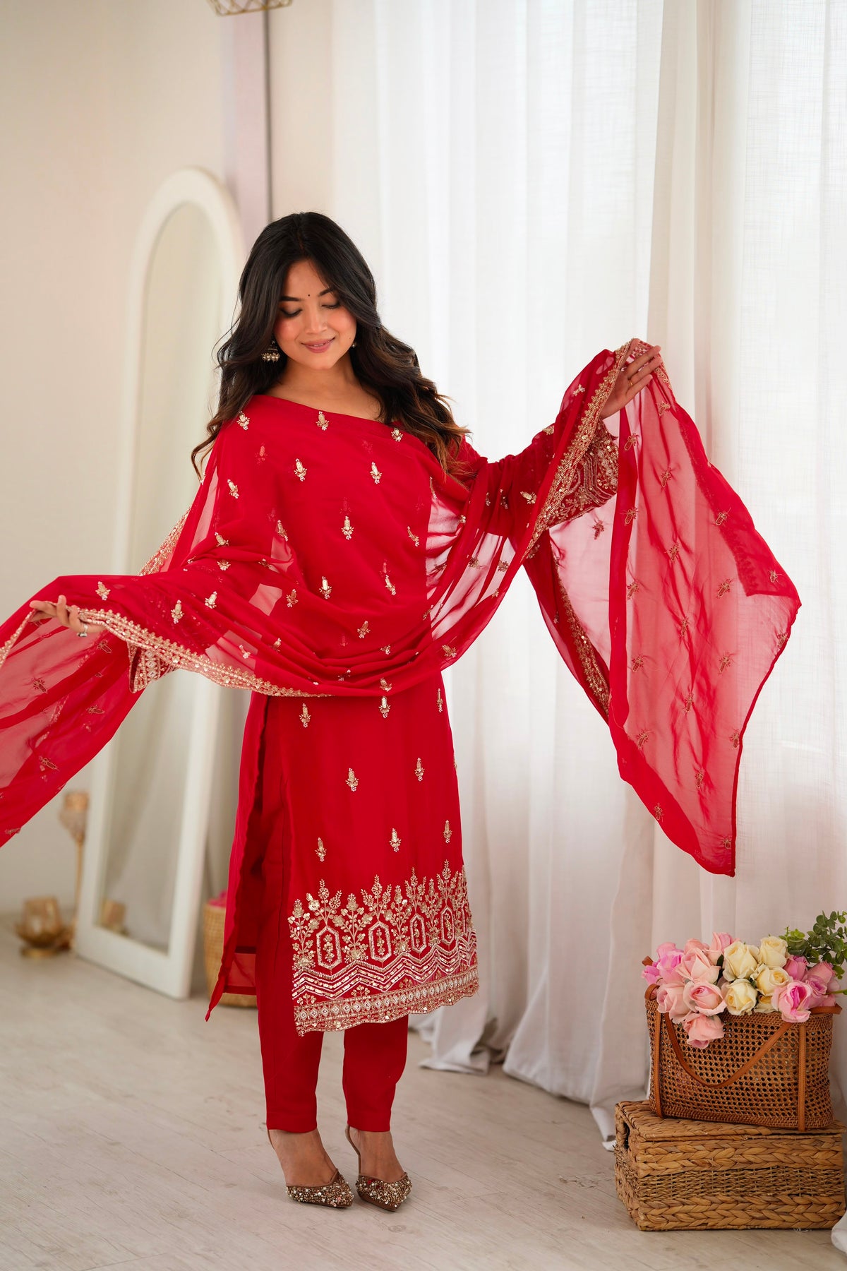 Red Faux Georgette Suit Set with Heavy Sequin Embroidery