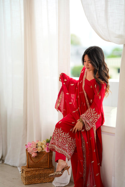 Red Faux Georgette Suit Set with Heavy Sequin Embroidery
