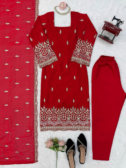 Red Faux Georgette Suit Set with Heavy Sequin Embroidery