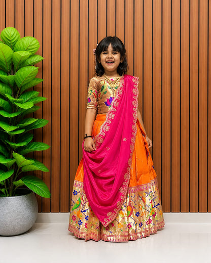 Paithani Silk Kids Lehenga Choli | Zari Woven Set with Embroidered Dupatta