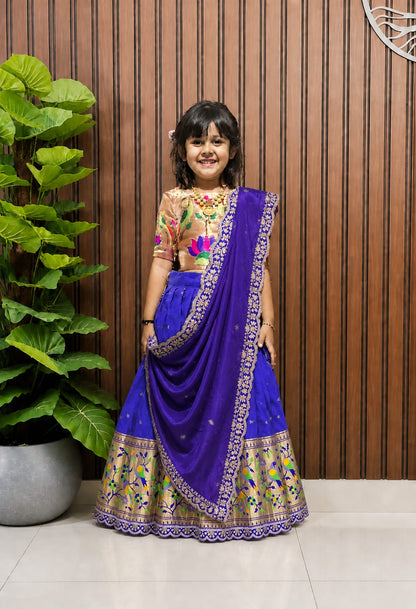 Paithani Silk Kids Lehenga Choli | Zari Woven Set with Embroidered Dupatta
