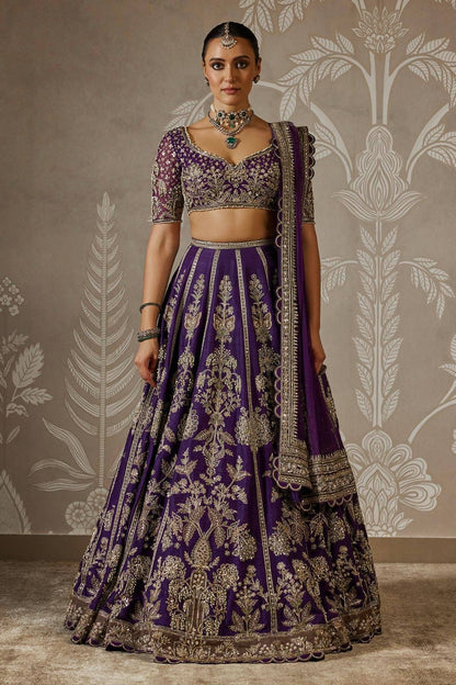Royal Purple Faux Georgette Bridal Lehenga Choli with Sequin & Zari Embroidery | Unstitched Blouse & Dupatta