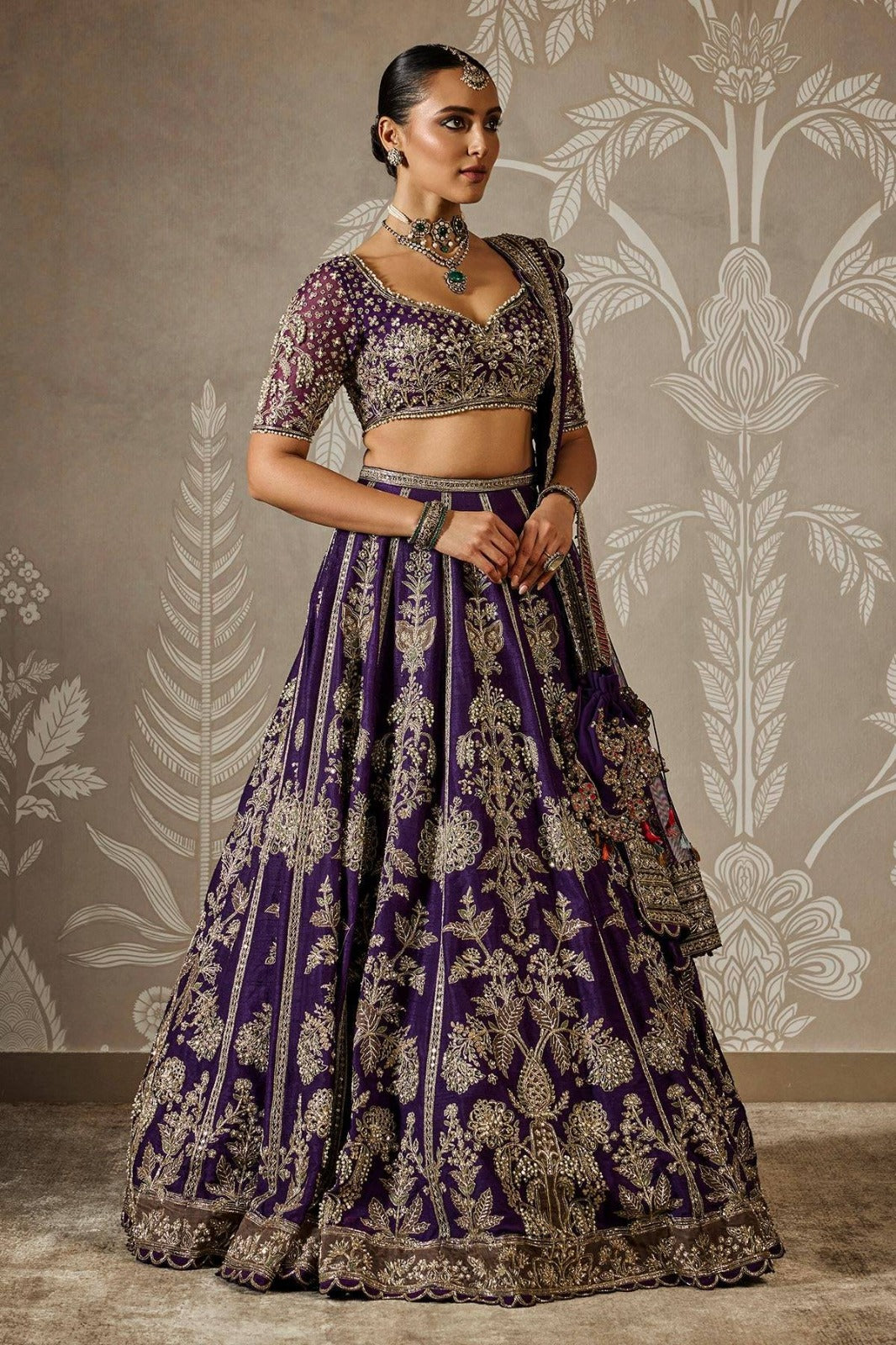 Royal Purple Faux Georgette Bridal Lehenga Choli with Sequin & Zari Embroidery | Unstitched Blouse & Dupatta