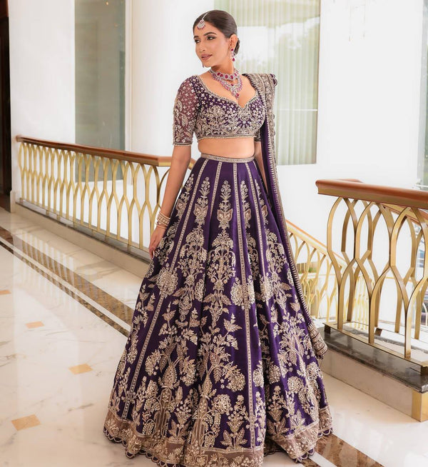 Royal Purple Faux Georgette Bridal Lehenga Choli with Sequin & Zari Embroidery | Unstitched Blouse & Dupatta