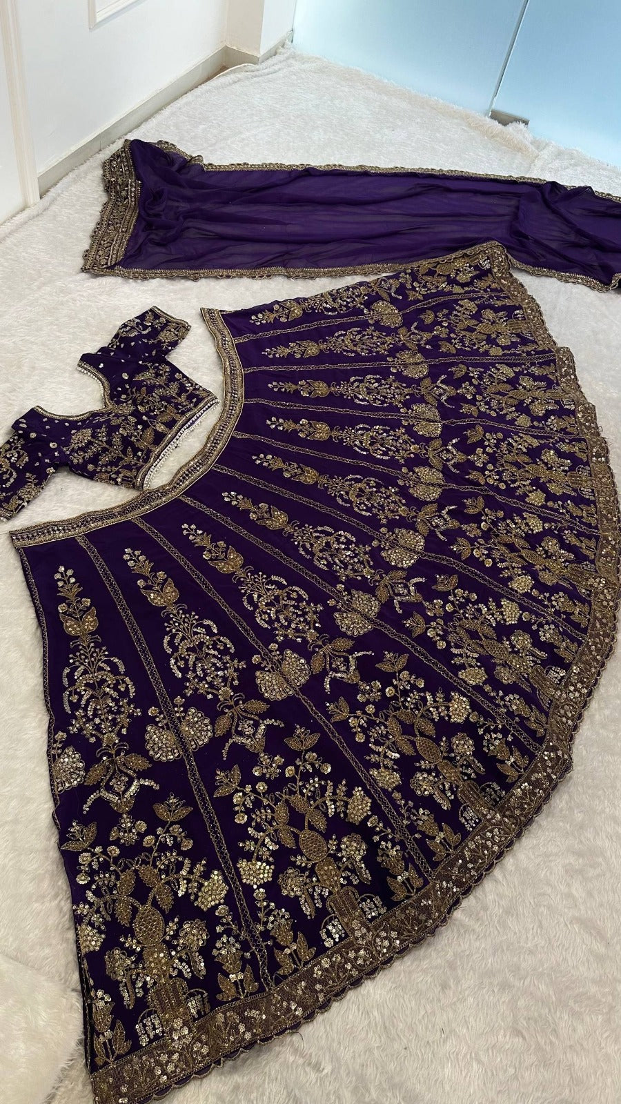Royal Purple Faux Georgette Bridal Lehenga Choli with Sequin & Zari Embroidery | Unstitched Blouse & Dupatta