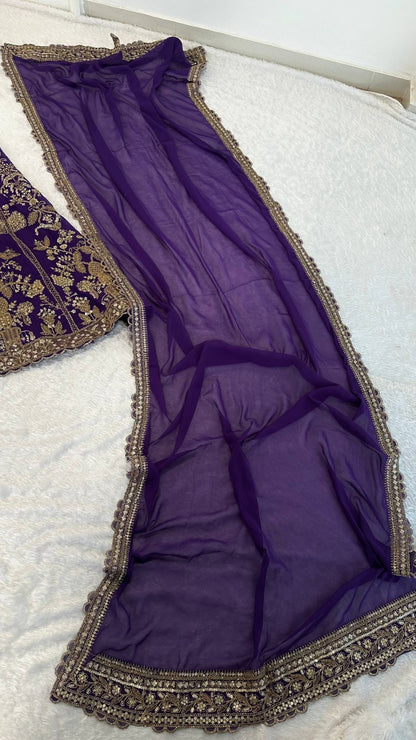 Royal Purple Faux Georgette Bridal Lehenga Choli with Sequin & Zari Embroidery | Unstitched Blouse & Dupatta