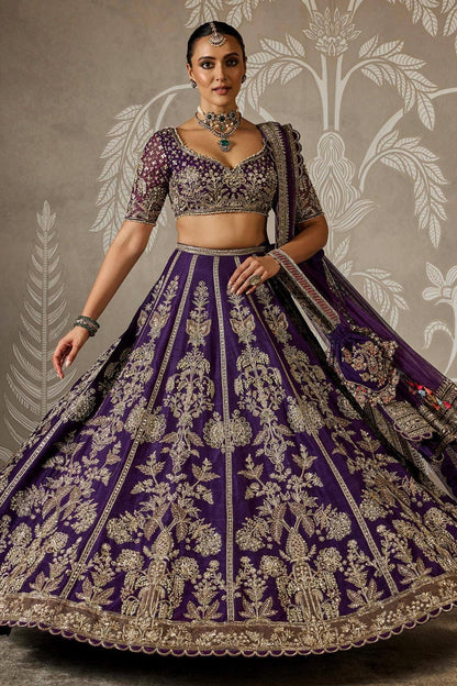 Royal Purple Faux Georgette Bridal Lehenga Choli with Sequin & Zari Embroidery | Unstitched Blouse & Dupatta