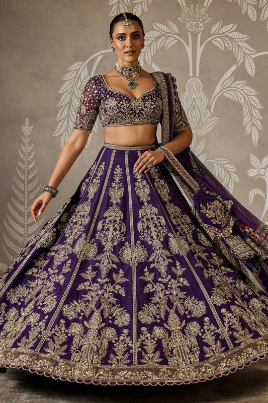 Royal Purple Faux Georgette Bridal Lehenga Choli with Sequin & Zari Embroidery | Unstitched Blouse & Dupatta