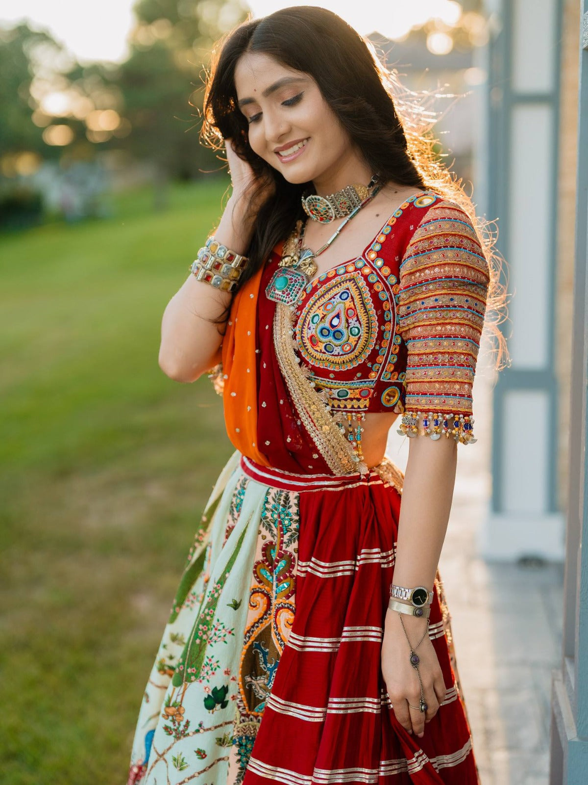 Printed Cotton Lehenga Choli with Mirror Work