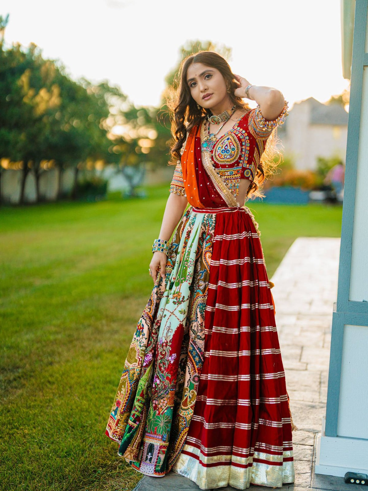 Printed Cotton Lehenga Choli with Mirror Work