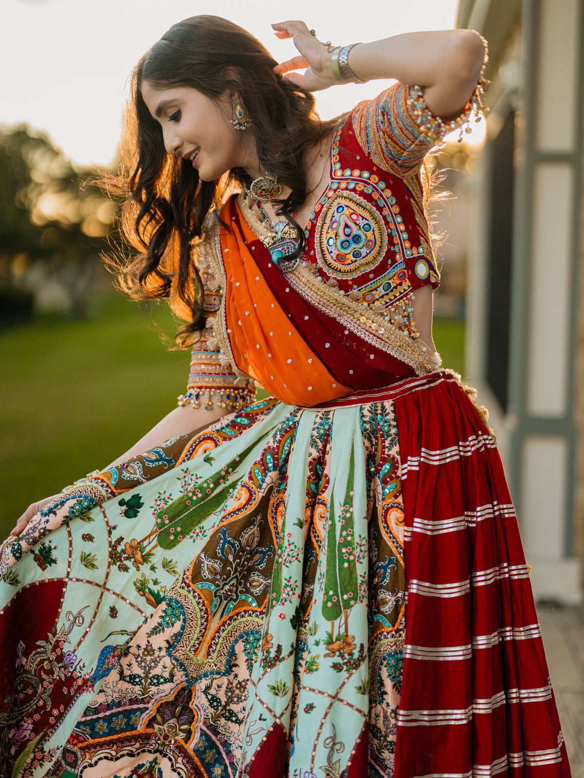 Printed Cotton Lehenga Choli with Mirror Work