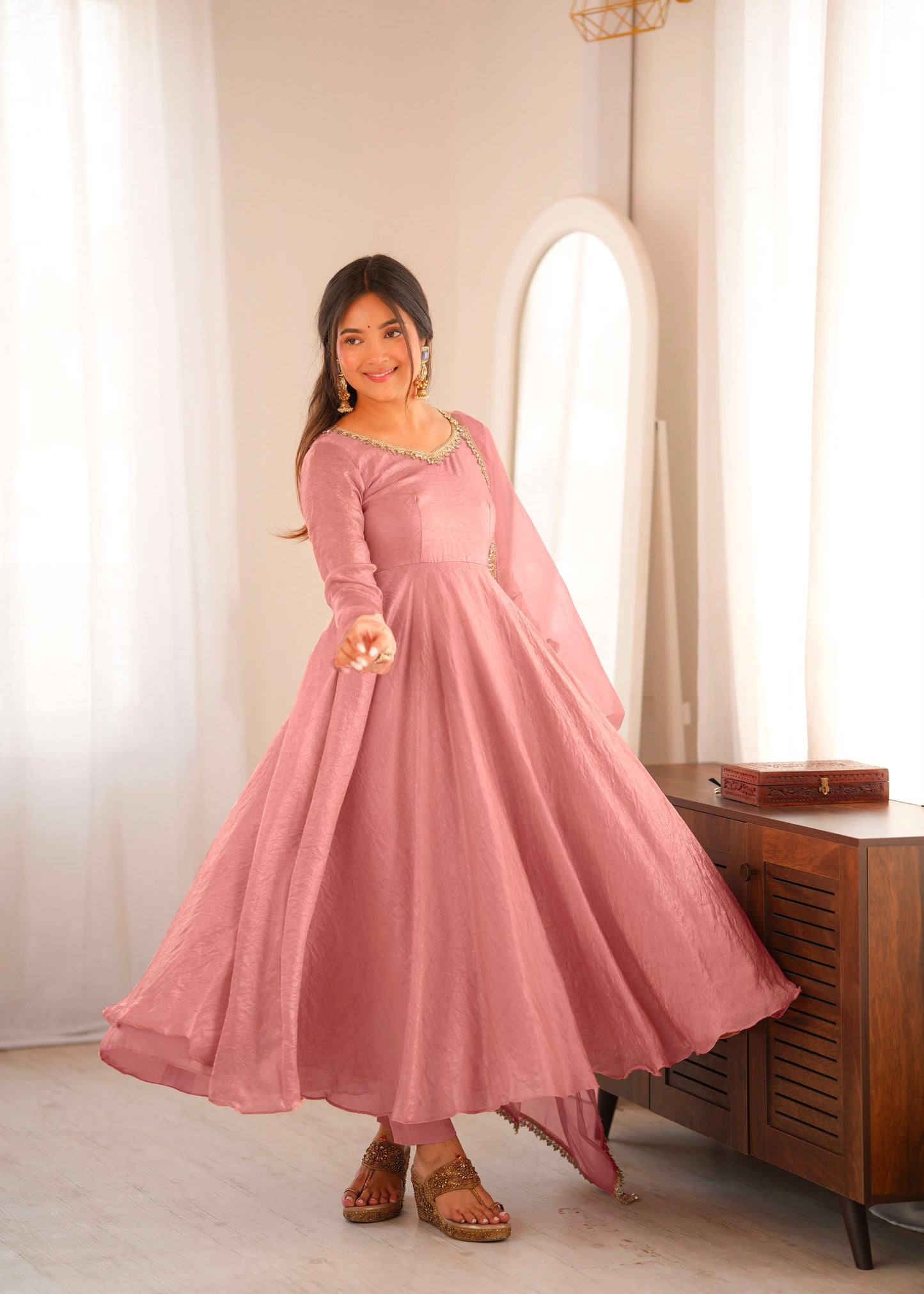 Partywear Anarkali Gown Set with Mirror Work Lace Border