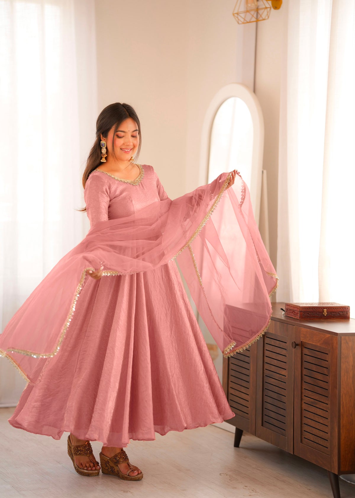Partywear Anarkali Gown Set with Mirror Work Lace Border
