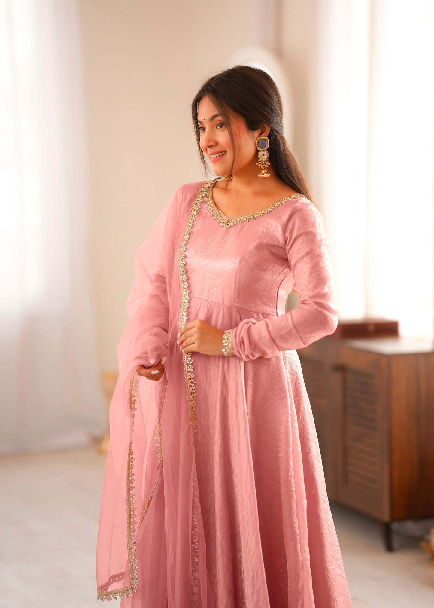 Partywear Anarkali Gown Set with Mirror Work Lace Border