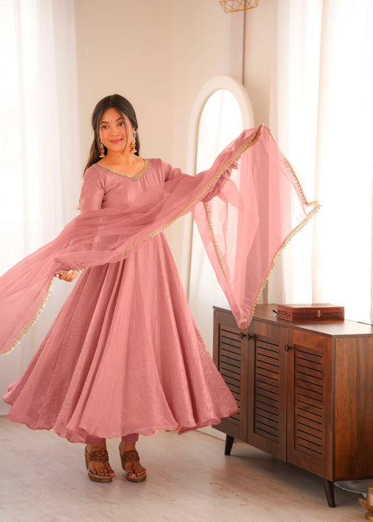 Partywear Anarkali Gown Set with Mirror Work Lace Border