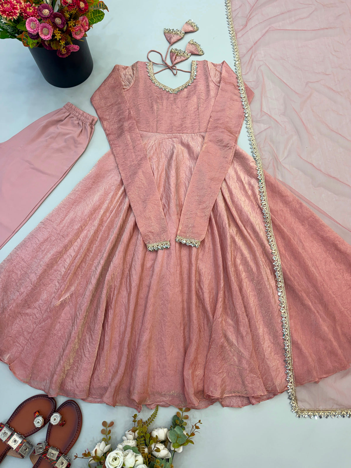 Partywear Anarkali Gown Set with Mirror Work Lace Border