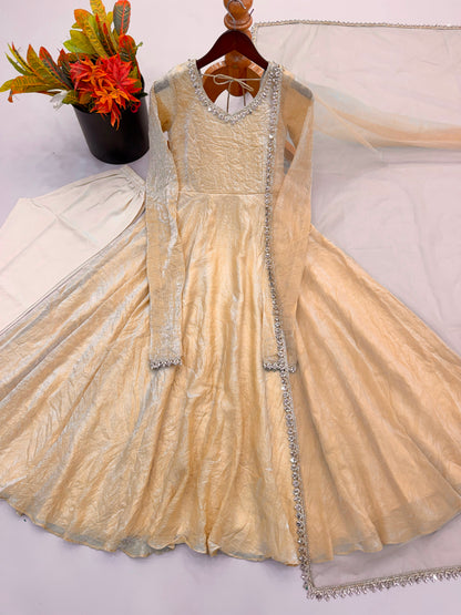 Partywear Anarkali Gown Set with Mirror Work Lace Border