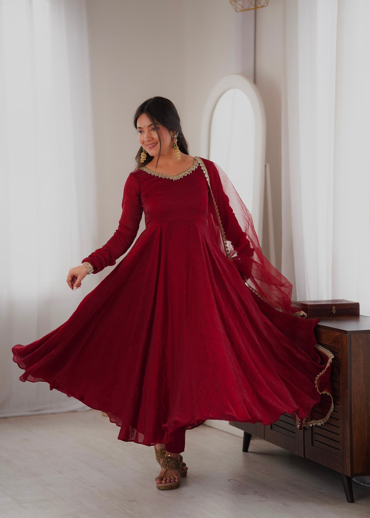 Partywear Anarkali Gown Set with Mirror Work Lace Border