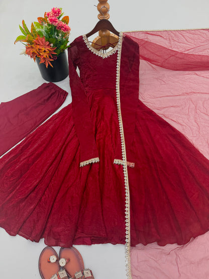 Partywear Anarkali Gown Set with Mirror Work Lace Border