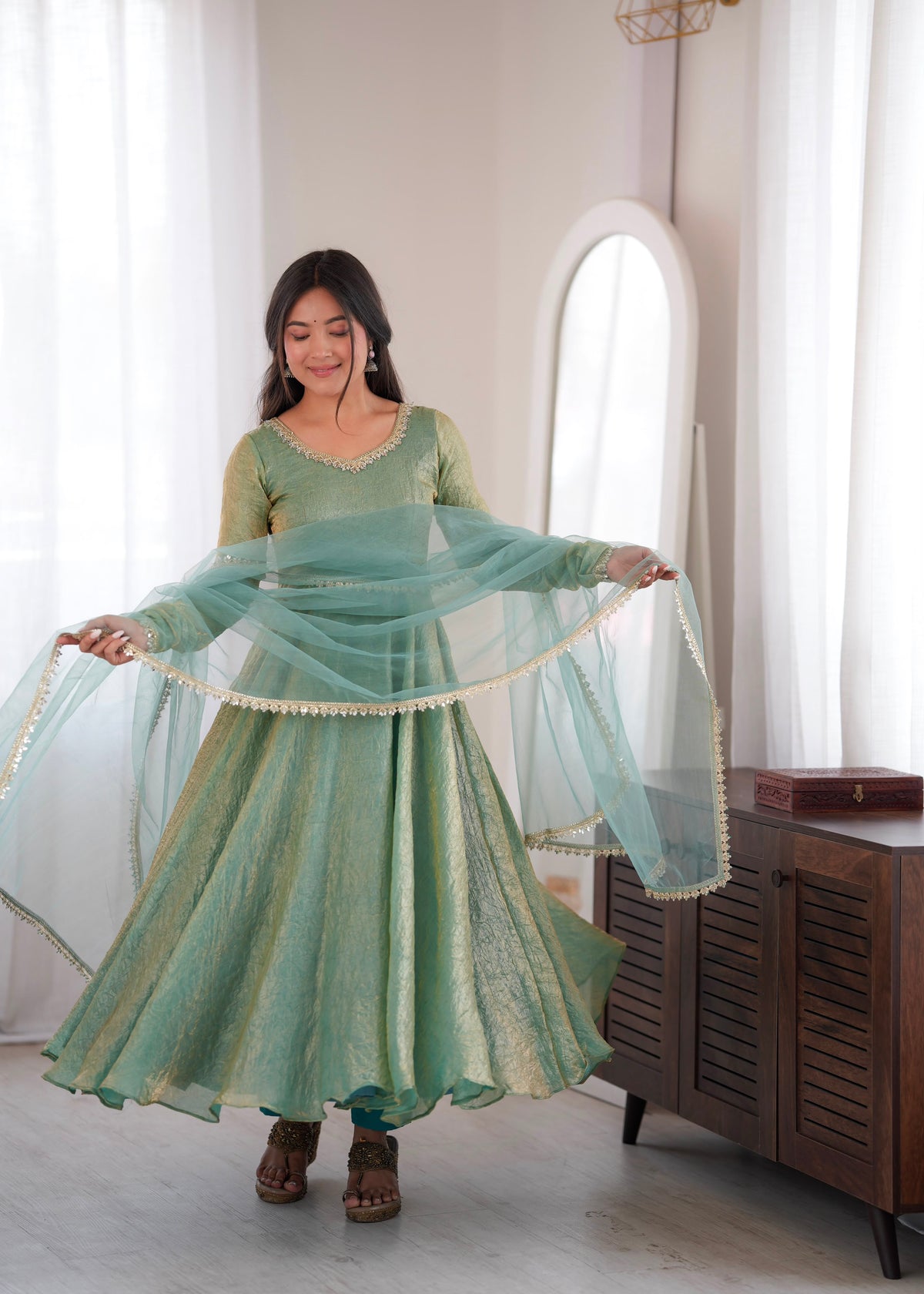 Partywear Anarkali Gown Set with Mirror Work Lace Border