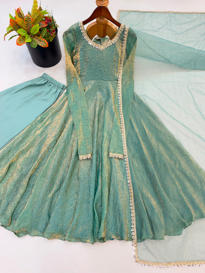 Partywear Anarkali Gown Set with Mirror Work Lace Border