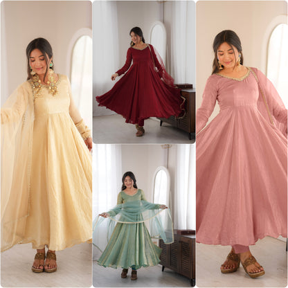 Partywear Anarkali Gown Set with Mirror Work Lace Border
