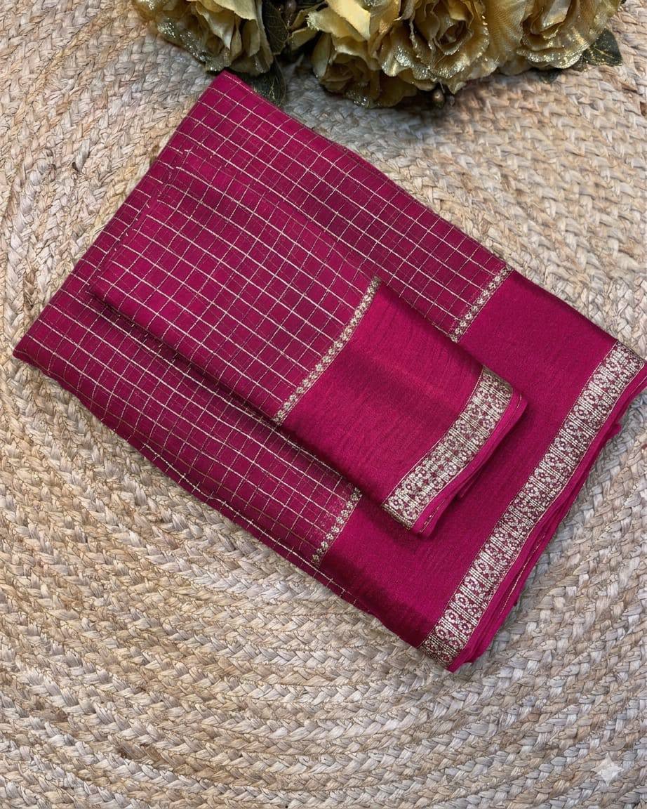 Red checkered with silver border on a textured beige surface
