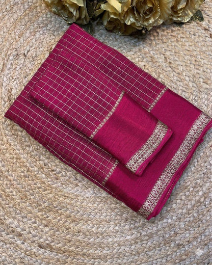 Red checkered with silver border on a textured beige surface